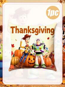 Disney 秋季感恩節正方形抱枕套，柔軟亞麻混紡裝飾靠墊套，隱形拉鍊易拆洗，高畫質暖色豐收火雞南瓜楓葉印花，耐褪色耐用布料 - 多款 - 查看 6