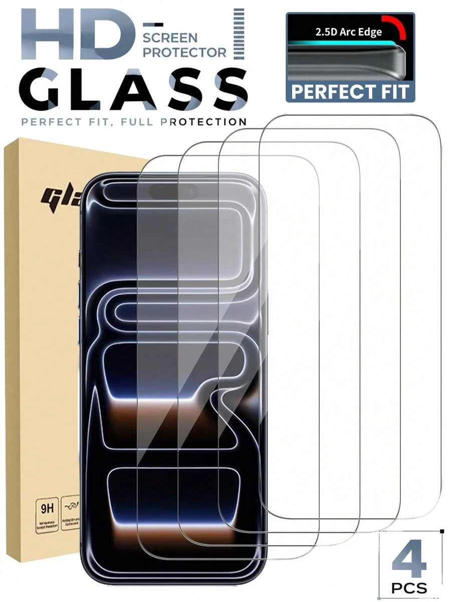 4片裝 17 Pro Max/17 Pro 鋼化玻璃螢幕保護貼，9H 硬度，高清晰透明，防刮，易安裝，緊密貼合，相容 iPhone 18/16/15/14/13/12/11 系列，手機配件，適用於手機殼，日常必需品