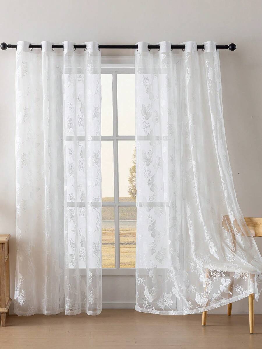 1PC Ivory Lace Curtain, Rustic Style, Simple Butterfly Floral Pattern Lace Curtain, Suitable For Living Room, Bedroom, Kitchen And Other Windows, Eyelet Design Privacy Lace Curtain - 1PC - View 1