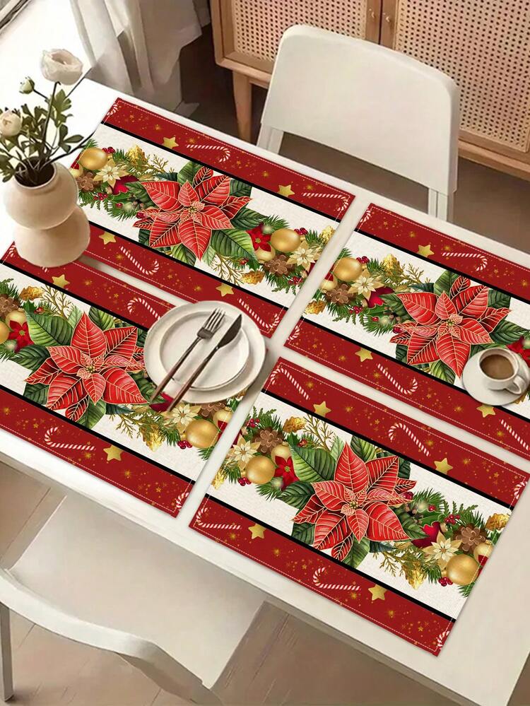 1pc Christmas Series Pattern Printed Table Runner, 4pcs Christmas Pattern Printed Placemats, Suitable For Holiday, Party, Birthday, Dinner, Kitchen Dining Table Decoration, All Season Room Decor, Home Textile Decoration Table Runner - Multicolor - View 15