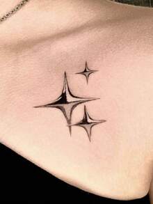 1 Sheet Fine Dot Stippling Gradient Star Collarbone Tattoo Sticker, Three Staggered Size Four-Pointed Stars With Gradient Grey Shading, Ins Ethereal Gentle Minimalist Aesthetic Body Art Decal For Girls Decolletage & Rib Side - Black - View 2