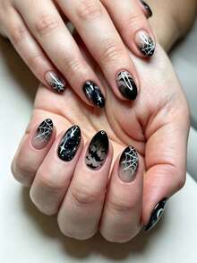 30pcs Dark Gothic Style Halloween Black Short Press On Nails Acrylic, Almond Shaped Nails Bat Spider And Web Glossy Decoration Design, Full Coverage, Press-On False Nails, Suitable For Women'S Holiday, Party And Dance Nail Decoration - Black - View 1
