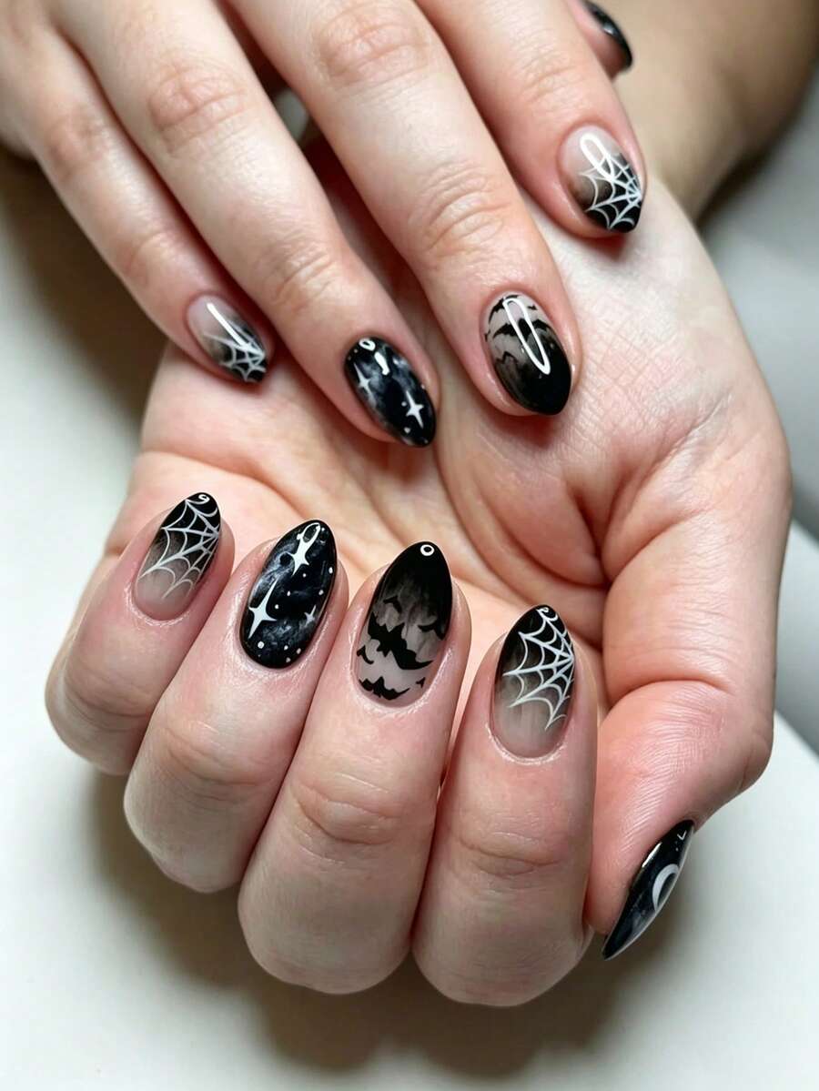 30pcs Dark Gothic Style Halloween Black Short Press On Nails Acrylic, Almond Shaped Nails Bat Spider And Web Glossy Decoration Design, Full Coverage, Press-On False Nails, Suitable For Women'S Holiday, Party And Dance Nail Decoration - Black - View 1