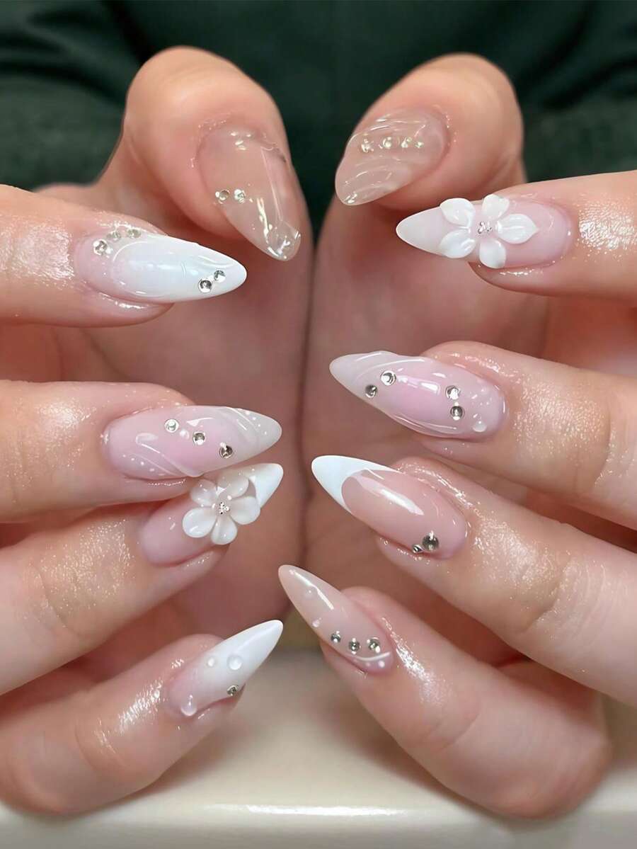 24片中號杏仁形穿戴式假指甲,法式指尖美甲貼,3D花卉紋理水鑽飾珠裝飾假指甲套組,適合女孩與女性作為日常美甲配件或節日派對裝飾禮物 - 彩色 - 查看 1