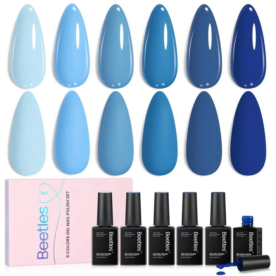 Beetles 6 Colors Ocean Range Blue Gel Nail Polish Set, Light Blue Dark Blue Navy Baby Blue Gel Polish Kit, Soak Off UV LED Nail Art Manicure - 6 Colors Ocean Range Blue - 查看 1
