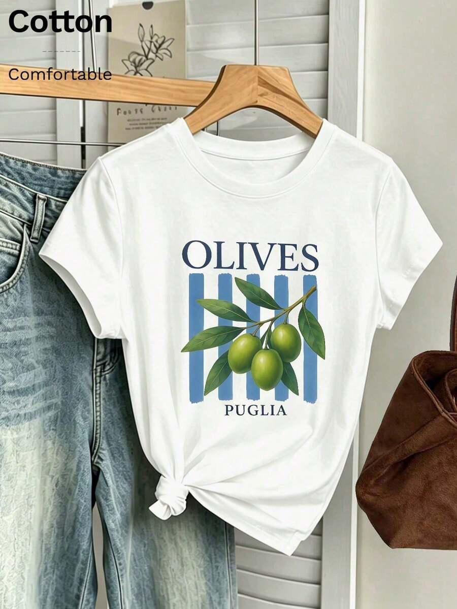 ChristmasVintage-Shirt Women Olives Puglia With Italian Print,% Cotton, Soft Short Sleeves, Mediterranean Style. Hot Item