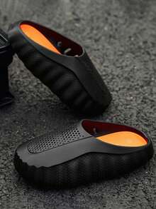 GAISIMA Men's Contrast Color Hollow Breathable Thick Sole Slide Sandals, Unisex Perforated Street Style Height-Increasing Sandals, Suitable For Summer Outdoor, Daily, Bathroom Wear - Black - View 3