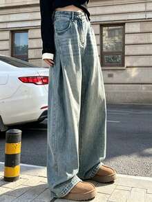 1pc Women's Vintage Washed Pocket Wide Leg Jeans, Casual Versatile Solid Color Loose Straight Leg Denim Pants - Blue - View 1