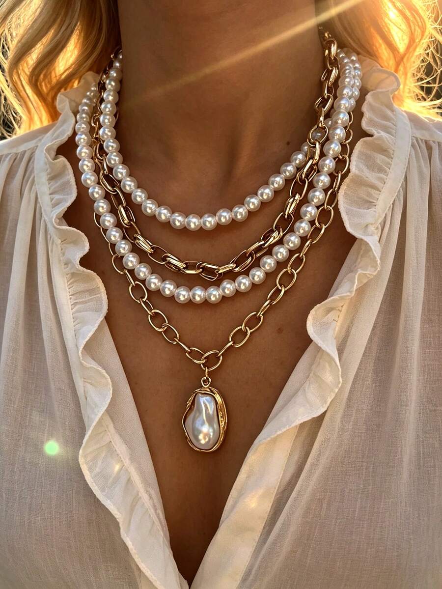 4pcs/Set Layered Fashion Minimalist Elegant Exquisite Vintage Design Geometric Faux Pearl Chain Minimalist Plain Chain Multi-Layer Pendant Necklace Set, Holiday Vacation Party Date Gift, Daily Commute Wear, Personalized - Yellow Gold - View 1