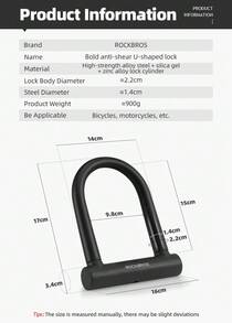 ROCKBROS 1 buah Kunci Sepeda Berbentuk U dengan Kabel Baja, Kunci Sepeda Anti-Pencurian Berkekuatan Tinggi dengan Kabel Baja 4 Kaki - MultiWarna - View 8