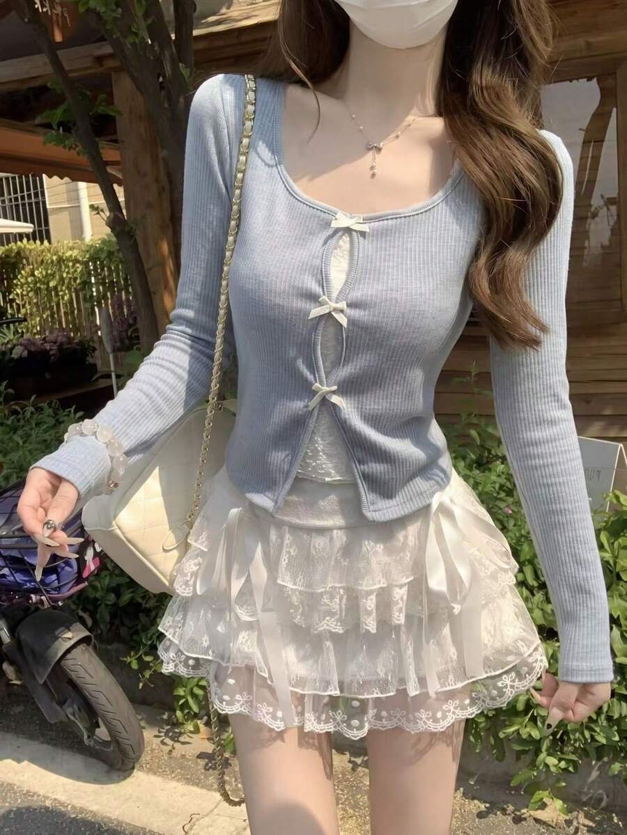 女款可愛長袖蝴蝶結裝飾蕾絲拼接2合1上衣,情人節春/夏季款 - 藍色 - 查看 1