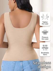 CELILIN Wide Strap Non-Constricting Square Neck Ribbed Waist Tank Top With Built-In Padding, Slimming Versatile Base Layer - Apricot - View 3