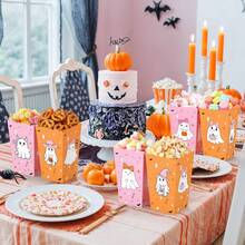 10pcs/30pcs/50pcs/100pcs Halloween Ghost Popcorn Gift Boxes, Disposable Paper Boxes With Cute Pink And Orange Ghost Design, Perfect For Holding Snacks And Candy; Suitable For Halloween, Birthday Parties And Day Of The Dead Celebrations - Multicolor - View 4