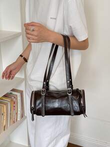 Vintage Faux Leather Cylinder Underarm Bag With Adjustable Shoulder Strap, Niche American Style Commuter Shoulder Bag - Coffee - View 4