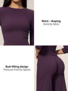 TimeOff Setelan Olahraga Wanita Satu Set: Kaos Lengan Pendek Leher Bulat Warna Polos dan Celana Panjang Lebar - Purple - View 6