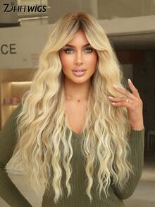 7JHH WIGS Pelucas largas onduladas y rizadas con flequillo de cortina para mujeres, de 28 pulgadas, de fibra sintética resistente al calor, esponjosas para uso diario, fiestas y cosplay (Rubio Ombré, Marrón Ombré, Rojo, Gris, Marrón Miel, Púrpura, Marrón Cálido) - Multicolor - Ver 5