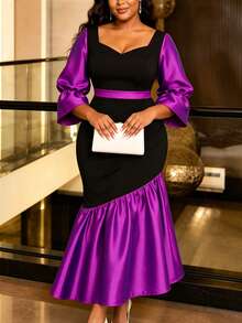 AOMEI Women's Elegant Charming Color Block Square Neck Flare Sleeve Slim Fit Ruched Bodycon Dress For Birthday Party And Formal Dinner - Purple - View 4