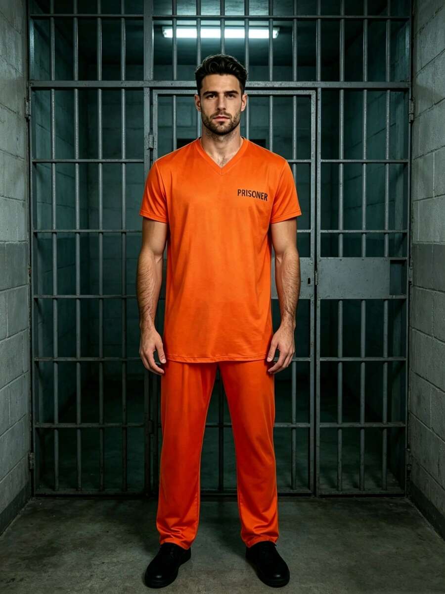 1套萬聖節成人角色扮演囚犯服裝 監獄囚犯制服 <低彈性材質> - 橘色 - 查看 1