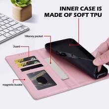 Cartera de teléfono de cuero sintético con elemento floral rosa, diseño de borde plegable con ranuras para tarjetas y cordón, proporciona protección completa para varios modelos de teléfonos inteligentes, resistente al agua, a los golpes, a los impactos y a los arañazos, regalo de primavera - Oro rosa - Ver 4