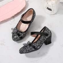 1 Pair Girls' Glitter Round Toe Shoes With 3D Rhinestone Flower Decor, Hook & Loop Strap For Easy Wear And Secure Fit, Casual Versatile Princess Heel Shoes - Black - View 2