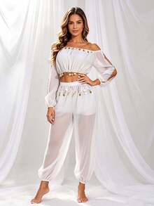 Professional Belly Dance Coin Fringe Halter Crop Top, Elastic Waist Dot Mesh Harem Pants For Dance Training, Cultural Shows And Competitions - Multicolor - View 5