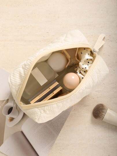 Borsa per il trucco in cotone trapuntato di grande capacità, borsa portatile da viaggio per articoli da toeletta con cerniera, adatta per prodotti per la cura della pelle, prodotti per capelli e uso quotidiano in vacanza