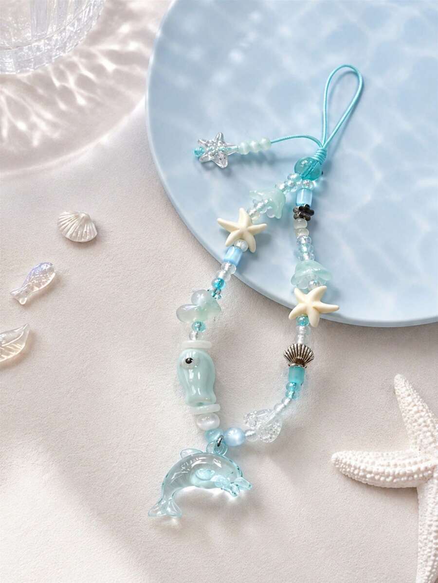 1pc Summer Sea Salt Blue Jellyfish Dolphin Phone Chain, Transparent Glass Underwater Animal Beaded Phone Case Wrist Pendant (Due To Shooting Angle And Magnification, The Actual Size May Differ Slightly From The Photo)