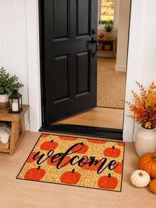 1pc, Autumn Harvest Festival Orange Pumpkin Background Welcome Pattern Doormat, Seasonal Style Machine Washable Polyester Fiber Mat, Suitable For Indoor, Outdoor, Daily Decoration, All Seasons - Orange - View 12
