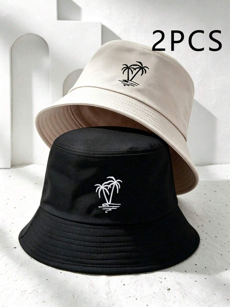 2 piezas Sombreros de cubo estilo Y2K unisex con bordado de árbol de coco, sombreros de protección solar para exteriores adecuados para deportes al aire libre, protección solar y uso diario - Beige + Negro - Ver 1