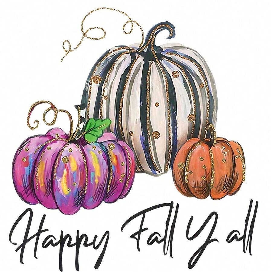 1/2/3PCS Water-Washed Heat Transfer Prints, Hand-Painted 3 Different Styles Of Pumpkins With Gold Glitter Line Decoration, Bottom With Handwritten English "Happy Fall Yall", Vibrant And Exquisite Colors, Suitable For T-Shirts, Pillows Heat Transfer - Multicolor - View 1