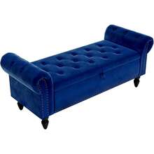 Storage Bench 133cm, Velvet Fabric Storage Box, Indoor Footstool, Bed Bench, Storage Chest With Armrests For Living Room, Bedroom, Hallway - Blue - View 5