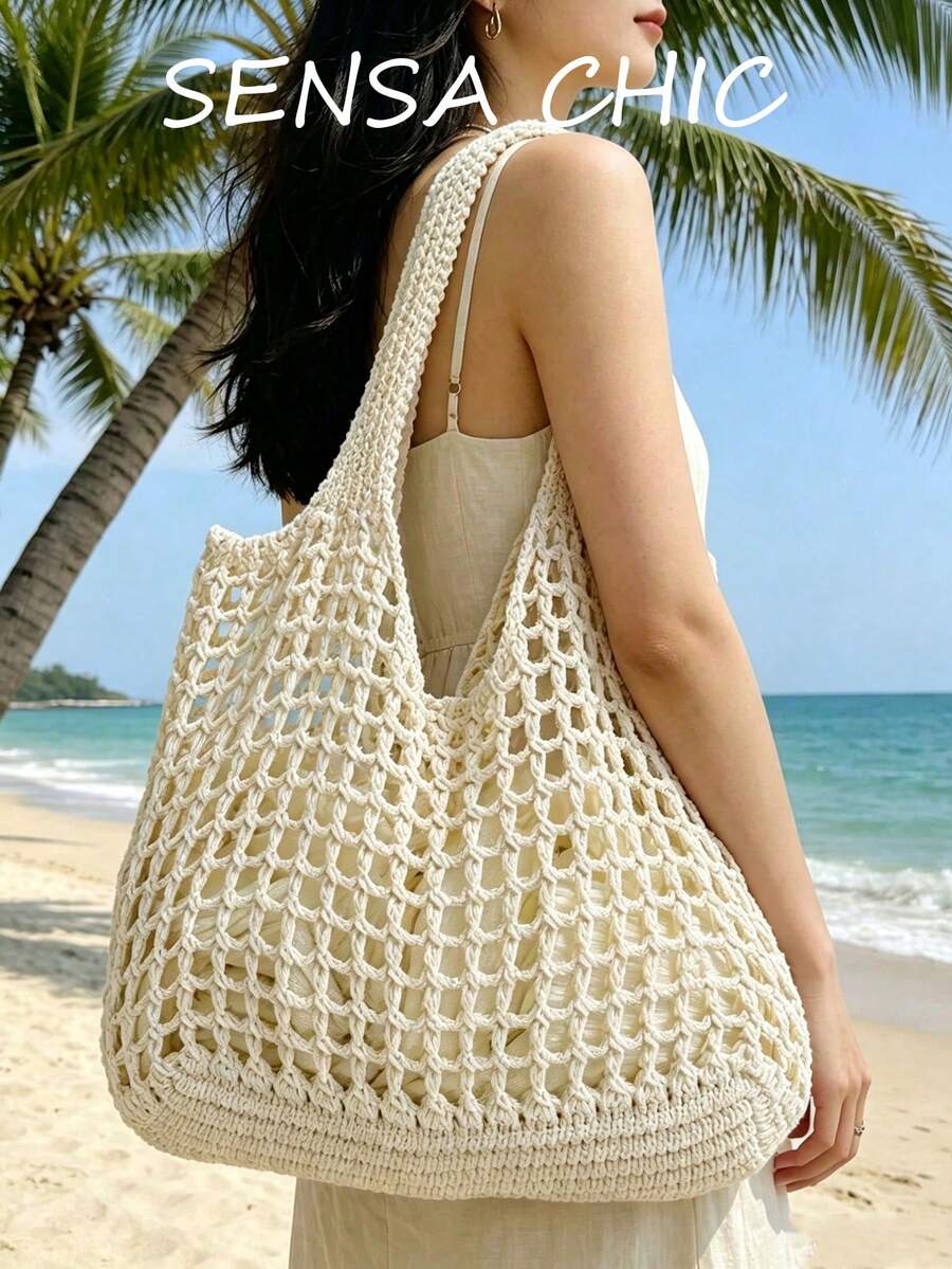 Beige Hollow Crochet Mesh Tote Bag, Large Capacity Open Knit Shoulder Bag, Lightweight Breathable Handbag For Beach Vacation Travel - Beige - View 1