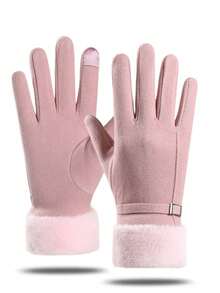 Women's Winter Hat And Touchscreen Gloves Set, Solid Color Elegant Luxury Design, Made Of Faux Fur And Suede-Like Fabric, With Plush Cuffs And Exquisite Metal Buckle - Multicolor - View 6