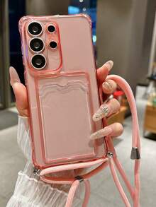 Shockproof Four Corner Adjustable Crossbody Lanyard Phone Case Compatible With Samsung Galaxy S26 Ultra S25 Ultra S24 Ultra S23 Ultra S22 Ultra Soft Camera Protection Card Holder Soft Cover - Transparent Powder - View 2