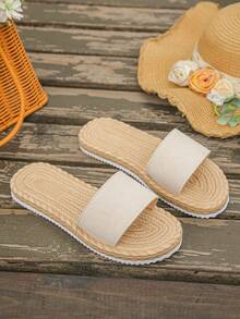 Women's Beige One Strap Flat Slides, Imitation Rope Sole With Metal Decor, Summer Beach Vacation Sandals - Beige - View 8
