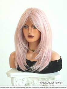 7JHH WIGS 中長粉色分層假髮，附簾幕瀏海，18英吋蓬鬆耐熱合成纖維全機製假髮，適合女性派對穿著、萬聖節與節慶 Cosplay 及日常使用 - 淺粉色 - 查看 4