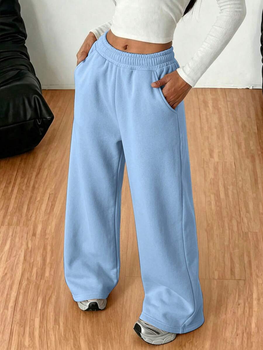 1pc Girls' & Teen Girls' Solid Color Casual Outdoor Loose Sports Versatile Fleece Lined Long Pants - Blue - View 1