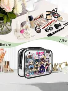 1pc K-Pop Idol Themed PVC Makeup Bag, Zipper Sealed PVC Travel Organizer Bag, Printed With K-Pop Logo Korean Pop Culture Design, Lightweight And Sun-Resistant Women's And Girls' Makeup And Toiletry Bag, Portable Makeup Box, Easy To Wipe Clean Design, Tech-Inspired Organizer | Modern Aesthetic | Fade-Resistant Material, Travel Essential, Vacation, Summer, Back To School, School Supplies Bag, Toiletry Bag, Waterproof Travel Makeup Bag - Multicolor - View 5