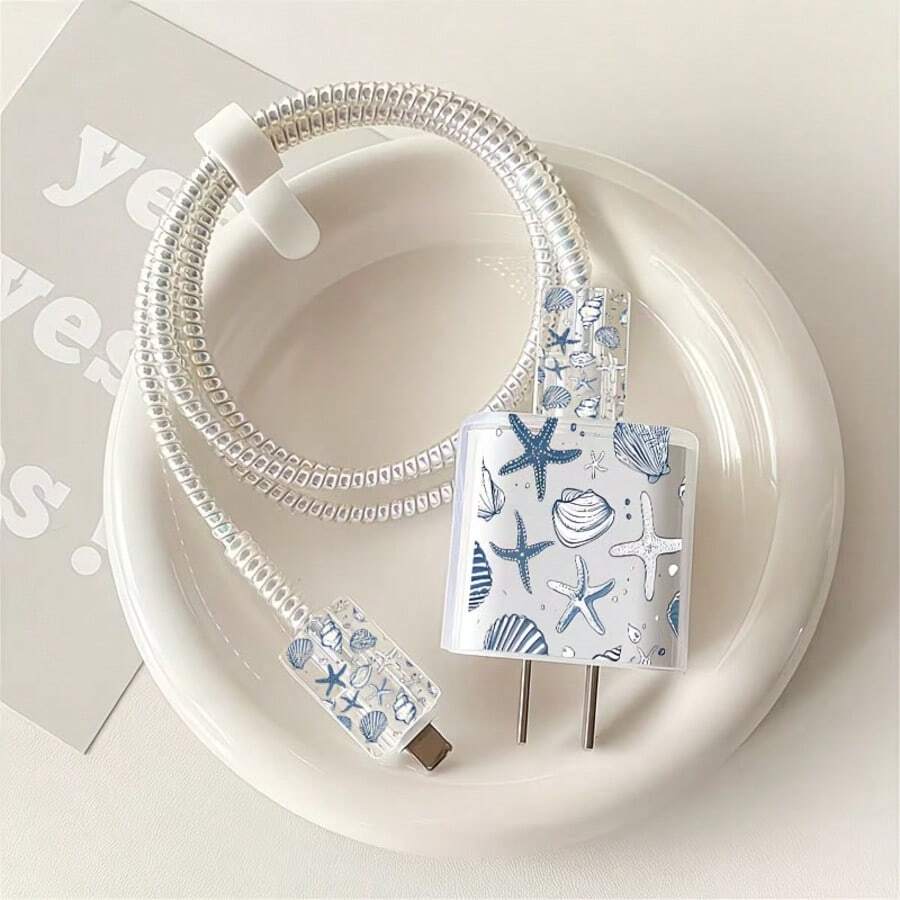 Pelindung Kabel Charger dengan Desain Motif Bintang Laut yang Lucu, Kompatibel dengan Charger Apple 20W, Casing Pelindung Charger Apple Gaya Minimalis, Cocok untuk Pelindung Kabel Charger Ponsel 20W 15/16 Pro Max, Cocok untuk Pelindung Kabel Data 13/14 Plus Nan - Baby Blue - View 1