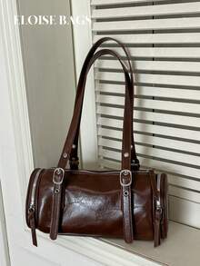 Vintage Faux Leather Cylinder Underarm Bag With Adjustable Shoulder Strap, Niche American Style Commuter Shoulder Bag - Coffee - View 2
