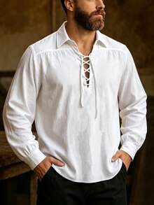 WAIT HIM Men's Vintage Lace-Up Puff Sleeve Shirt, Renaissance Style Loose White Casual Top, Suitable For Cosplay And Daily Wear - White - View 5