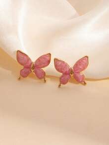 12pcs Pink Gradient Enamel Earring Set, Includes Gold-Rimmed Cherry Blossom Earrings, Faux Pearl Earrings, Butterfly Earrings, Hoop Earrings, Geometric Square Earrings. French Vintage Girly Style Earrings, Daily Commute, Date, Vacation Accessories, Valentine's Day, Spring, Birthday Gift, Ins Fresh Niche Ear Jewelry - Geometric Flower and Butterfly Design - View 6