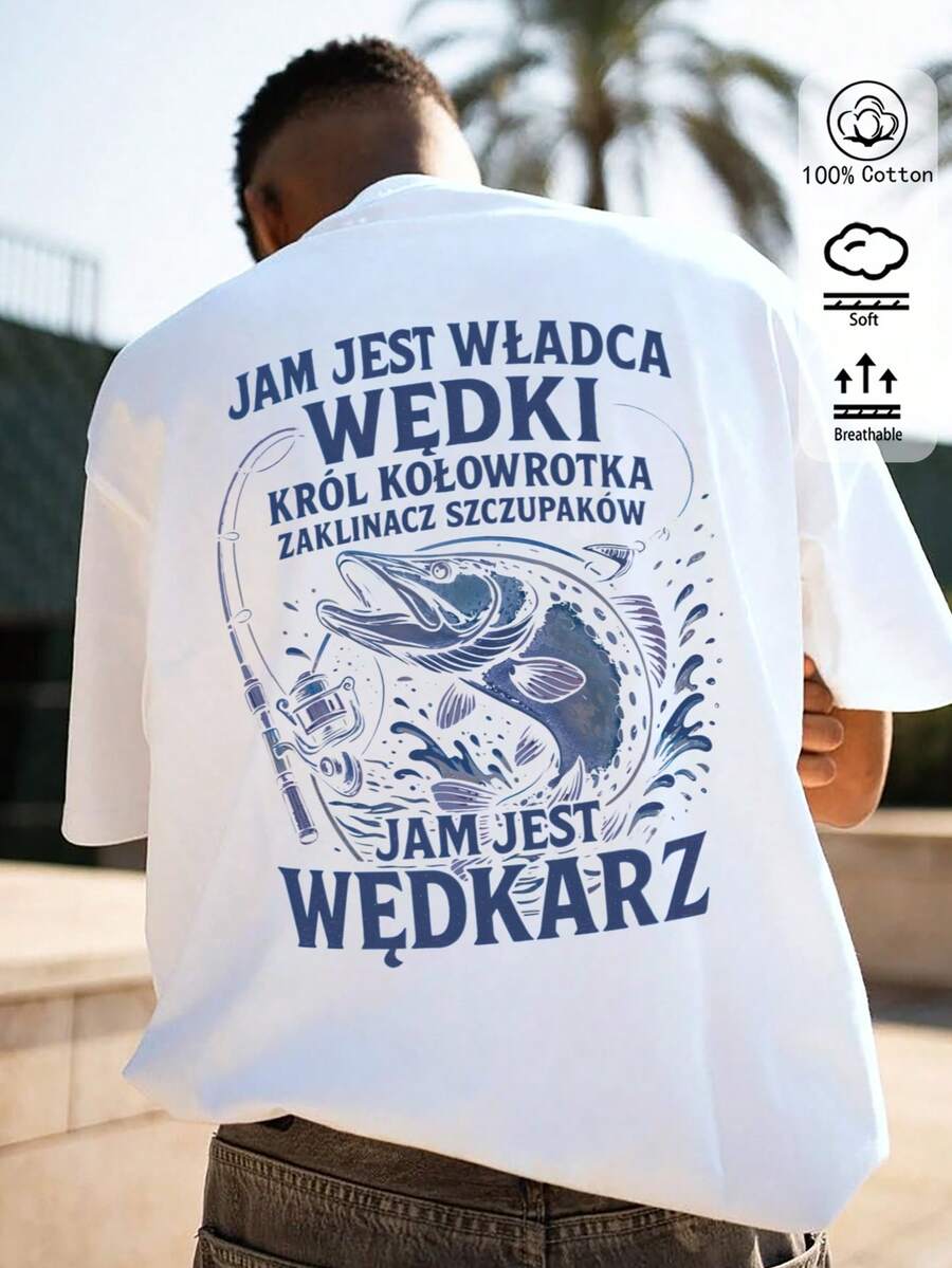 T-shirt da uomo a tinta unita con girocollo, maniche corte e vestibilità ampia, in cotone, lettere gotiche, personaggio rock nero e bianco, Esperto Pescatore in Acqua Salata - Bianco - Visualizzare 1