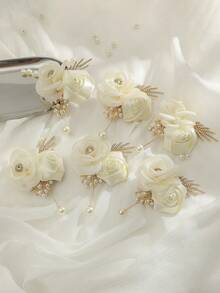 1 pieza/Talla única/6 piezas Boutonniere para hombre Corsage de muñeca para mujer Estilo coreano Flor de rosa blanca & beige Corsage de mano Adecuado para novia dama de honor flor de solapa boda corsage de muñeca nupcial fiesta cóctel pulsera diaria - Blanco - Ver 11