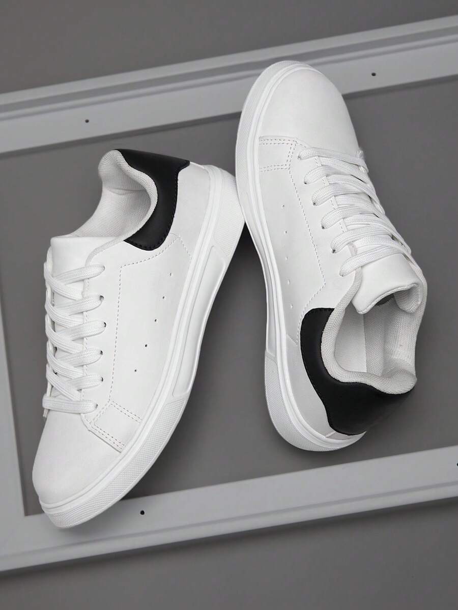 LIVEST Men's Round Toe Lace-Up Flat Skate Shoes Casual Style All Season White - White - View 1