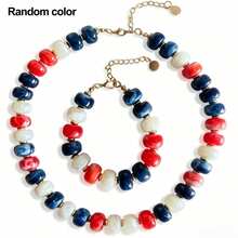 Set Kalung & Gelang Manik-Manik Tebal, Manik-Manik Akrilik Persegi Besar Gaya Bohemian, Kalung Rantai Tebal Berwarna-warni Modis untuk Wanita (Warna Manik-Manik Acak) - Merah Putih Biru Tua - View 7