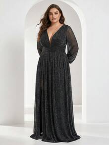 YISIKADO Plus Size Women's Deep V-Neck Lantern Sleeve Slit Sexy Party Evening Gown - Black - View 5