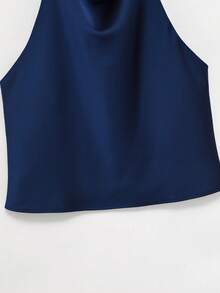 Spring/Summer Solid Color Satin Halter Neck Backless Top - Navy Blue - View 6