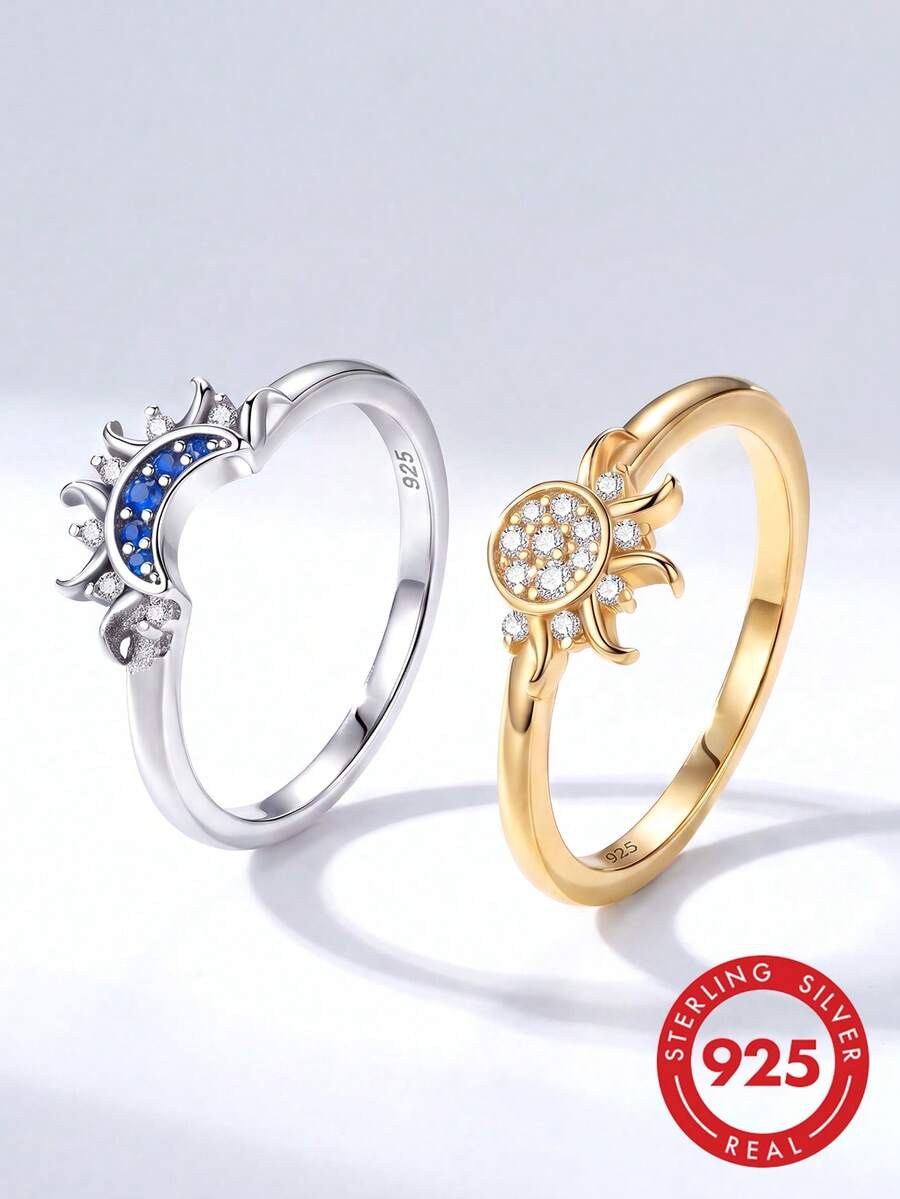 2pcs 925 Sterling Silver Luxury Sun & Moon Cubic Zirconia Stackable Ring Set, Perfect For Occasions Like Valentine's Day, Wedding, Birthday Party, Exquisite Jewelry - Sun and Moon Ring Set - View 1
