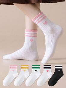 ZUJO 5 Pairs Women's College Style Mid-Calf Socks, Heart Stripe Pattern Short Socks Sports Socks, Simple And Comfortable, Suitable For All Seasons - Multicolor - View 2